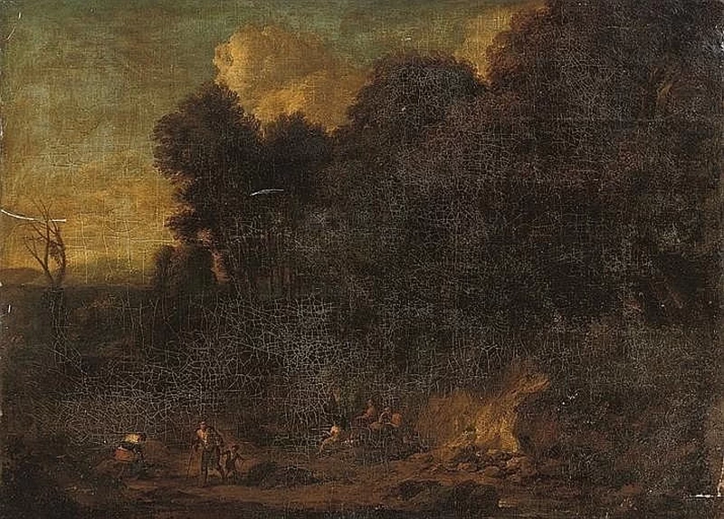 Un paesaggio boscoso roccioso con viaggiatori a riposo